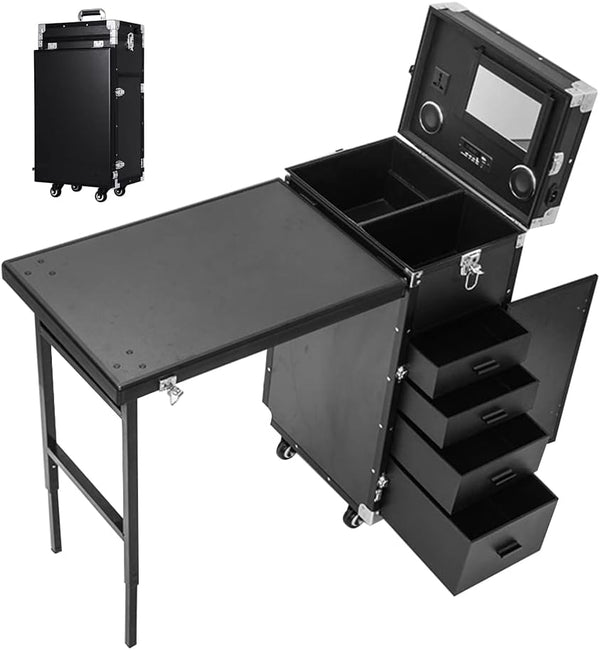 Makeup Case,Rolling Manicure Table,Makeup Artist Supplies, Black Aluminum Nail Workstation Desk with 4 Drawers Mirror Speaker, Lockable...