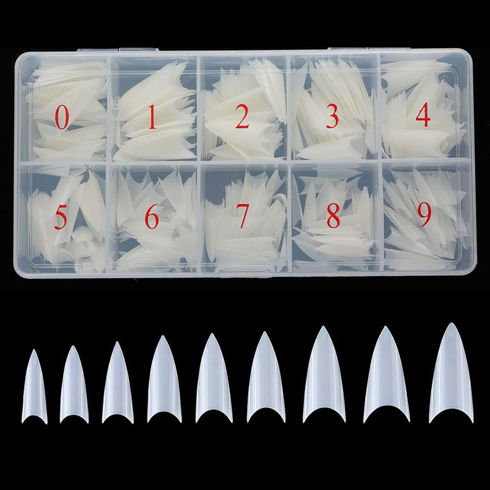 Stiletto Nail Tips 500Pcs Short Sharp Ending False Acrylic Nails Tip Half Cover 10 Sizes with Box for Nail Salons Home DIY (Natural)