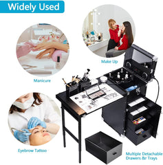 Makeup Case,Rolling Manicure Table,Makeup Artist Supplies, Black Aluminum Nail Workstation Desk with 4 Drawers Mirror Speaker, Lockable...