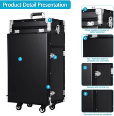 Makeup Case,Rolling Manicure Table,Makeup Artist Supplies, Black Aluminum Nail Workstation Desk with 4 Drawers Mirror Speaker, Lockable...