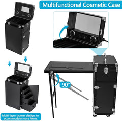 Makeup Case,Rolling Manicure Table,Makeup Artist Supplies, Black Aluminum Nail Workstation Desk with 4 Drawers Mirror Speaker, Lockable...