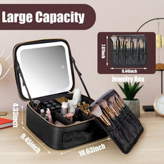 Makeup Travel Case with Mirror LED Light 3 Adjustable Brightness Cosmetic Bag Portable Storage Adjustable Partition Waterproof Makeup Brushes Makeup...