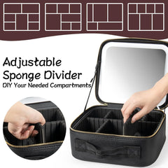 Makeup Travel Case with Mirror LED Light 3 Adjustable Brightness Cosmetic Bag Portable Storage Adjustable Partition Waterproof Makeup Brushes Makeup...