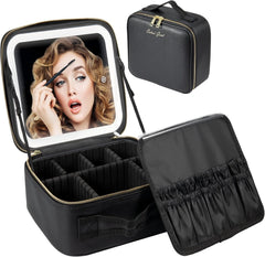 Makeup Travel Case with Mirror LED Light 3 Adjustable Brightness Cosmetic Bag Portable Storage Adjustable Partition Waterproof Makeup Brushes Makeup...