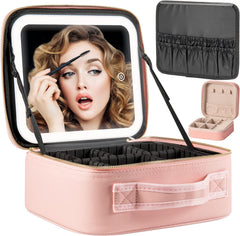 Makeup Travel Case with Mirror LED Light 3 Adjustable Brightness Cosmetic Bag Portable Storage Adjustable Partition Waterproof Makeup Brushes Makeup...