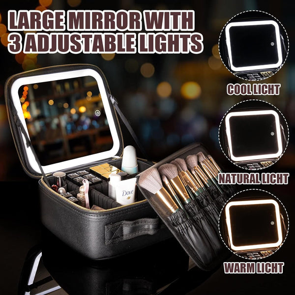 Makeup Travel Case with Mirror LED Light 3 Adjustable Brightness Cosmetic Bag Portable Storage Adjustable Partition Waterproof Makeup Brushes Makeup...