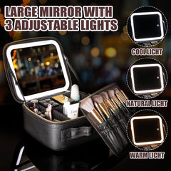 Makeup Travel Case with Mirror LED Light 3 Adjustable Brightness Cosmetic Bag Portable Storage Adjustable Partition Waterproof Makeup Brushes Makeup...